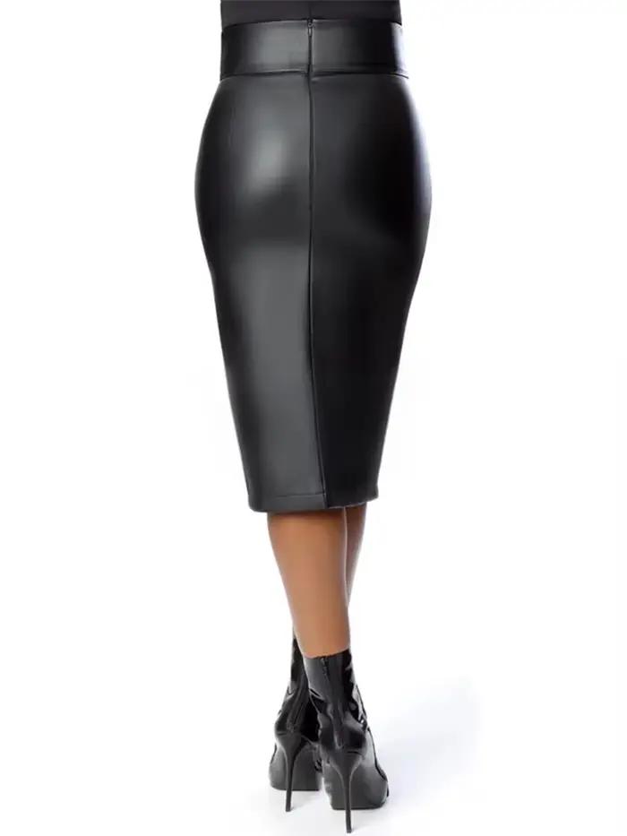 Jupes mi-longues en cuir noir pour femmes, taille haute, longueur au genou, fête, bureau, dame commandée, jupe crayon mince, ourlet fendu, personnalisé, 256