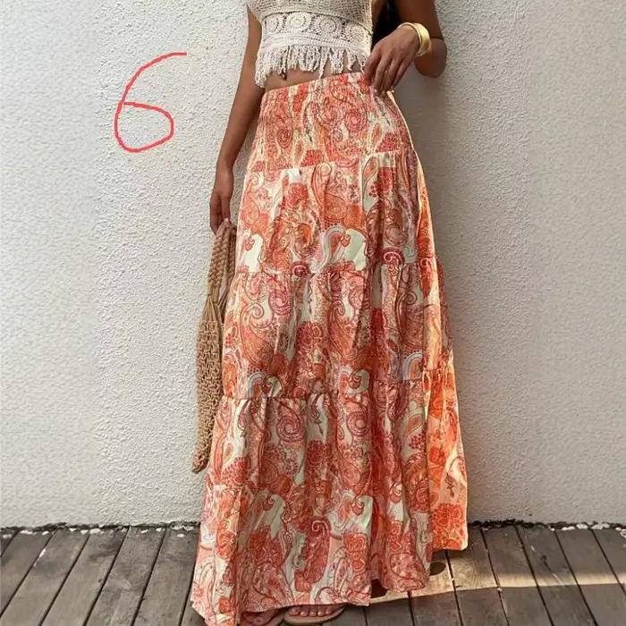 Jupe longue bohème taille haute à imprimé floral pour femme – Nouvelle collection été