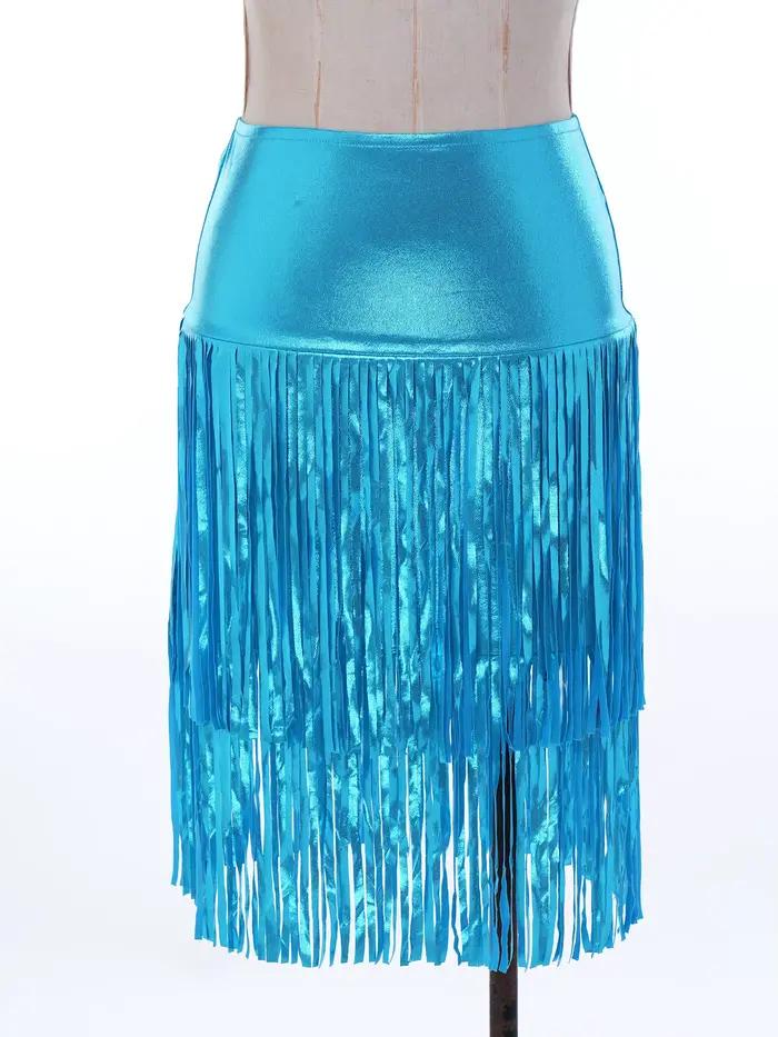 Jupe midi métallique brillante à franges pour femme, taille haute, moulante, style crayon, idéale pour la danse lyrique, le hip-hop et la danse disco
