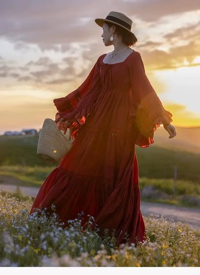 Vintage médiéval Cottagecore robe femme rétro Style français dentelle manches évasées volants longues robes Maxi pour les vacances