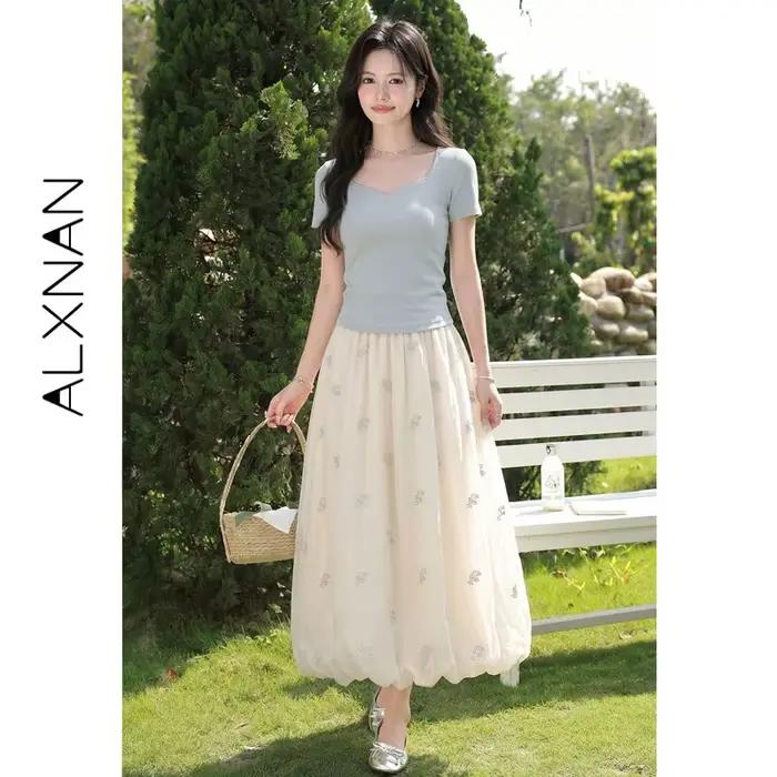 Jupe longue brodée florale ALXNAN pour femme, taille haute, élégante, tendance, pour les vacances, collection 2026, L66263A