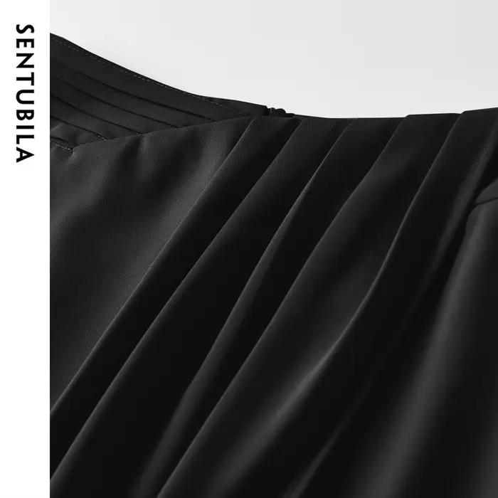 Jupe portefeuille noire Sentubila pour femme élégante et tendance bureau collection été 2026 polyester satiné asymétrique mid-length