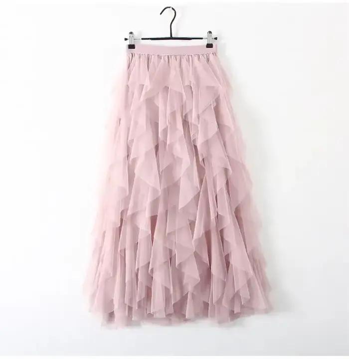 Jupe longue plissée en tulle et gaze à taille haute pour femme