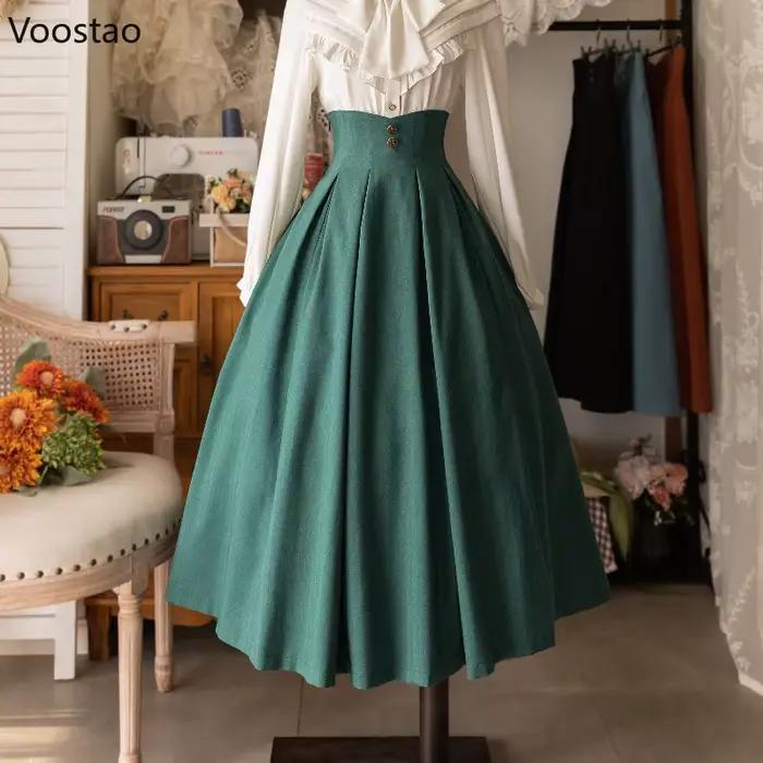 Jupe mi-longue vintage victorienne élégante et douce boutons Y2K silhouette préppy automne-hiver coton polyester drap fin Coupe régulière Mi-mollet