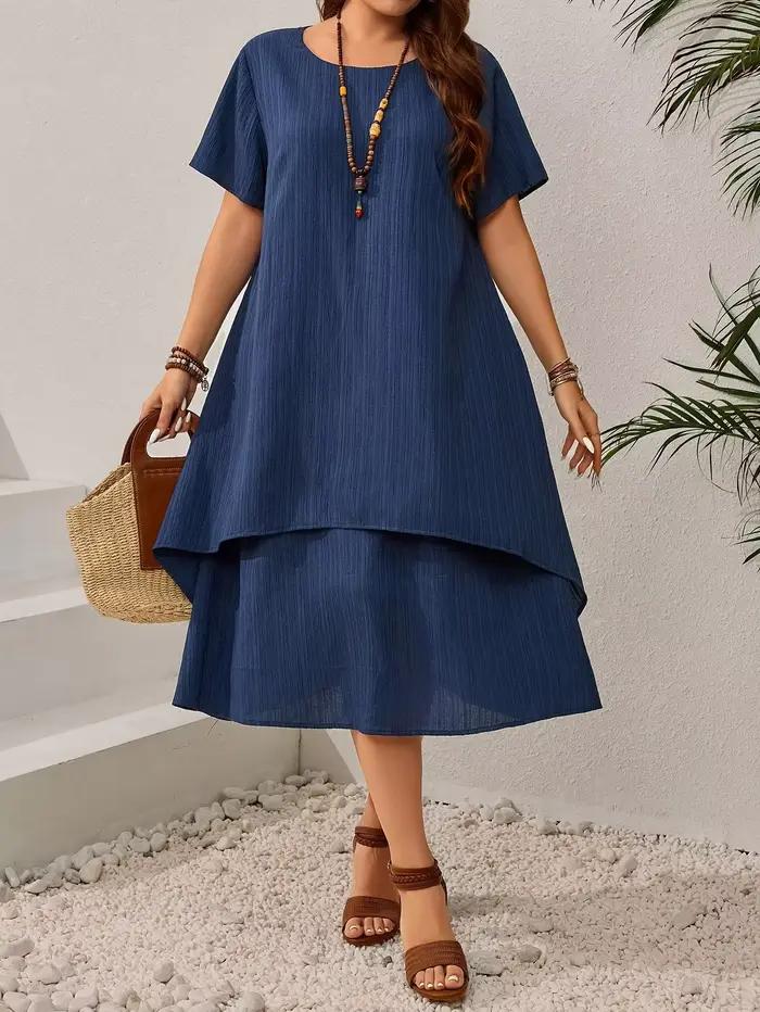 Robe ample bleu marine d'été pour femmes grandes tailles - Jupe midi irrégulière flatteuse pour les femmes rondes, élégante et décontractée, style A