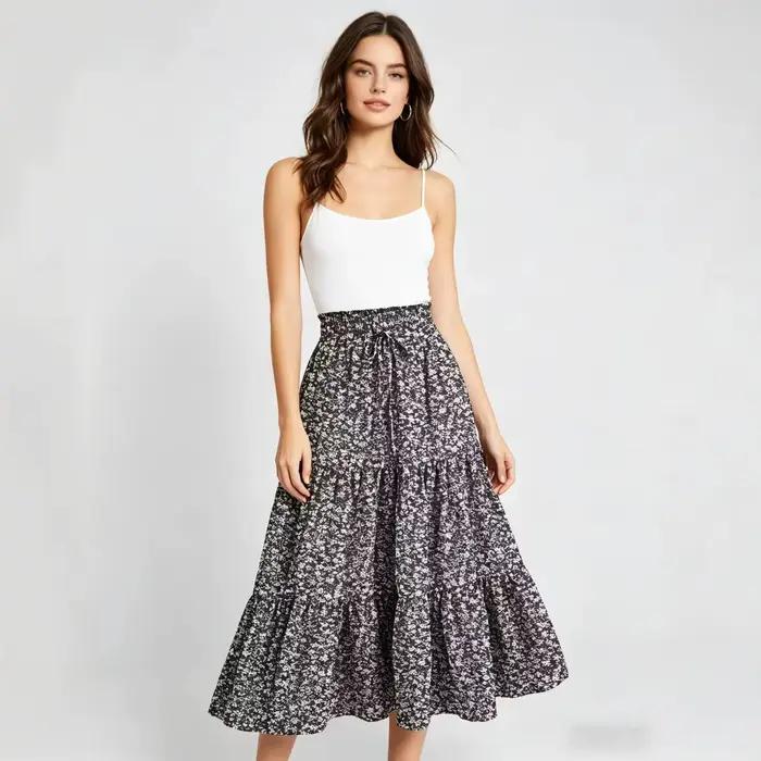 Nouvelle jupe mini évasée taille haute à imprimé floral 2026 pour femme