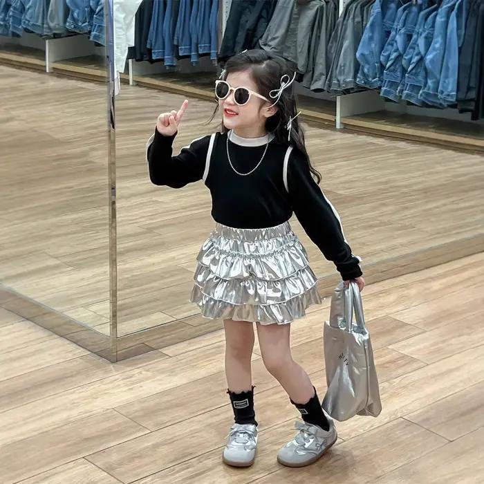  2025 nouveau printemps filles gâteau jupe automne enfants brillant métallique argent couches Tulle Mini jupe taille élastique enfant en bas âge jupe 2-7 Y
