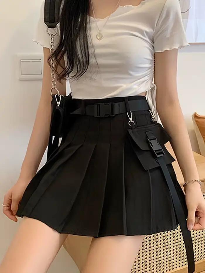 Zoki Harajuku ceinture plissée Cargo jupe femmes mode gothique taille haute poche Mini jupes