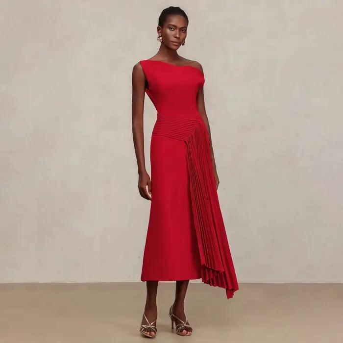 Robe mi-longue plissée rouge à une épaule pour femmes, coupe cintrée, robe de soirée formelle, de Cocktail, à la mode, ourlet asymétrique, 2026