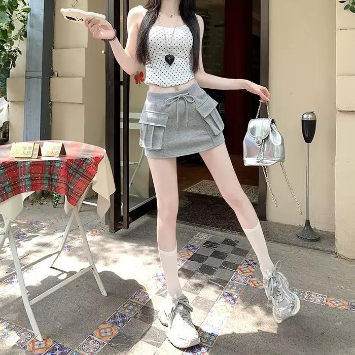 Jupe courte trapèze pour femme avec cordon de serrage et taille élastique