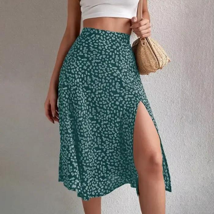 Jupe mi-longue taille haute à imprimé floral pour femmes