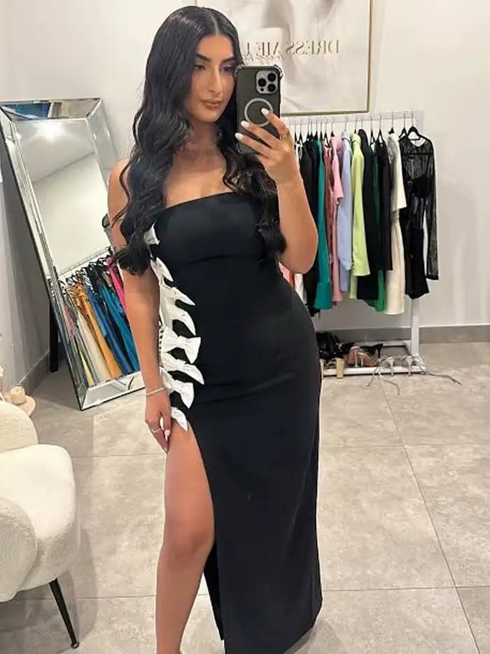Robes de soirée chics noires sans bretelles avec détail de nœud blanc – Robe