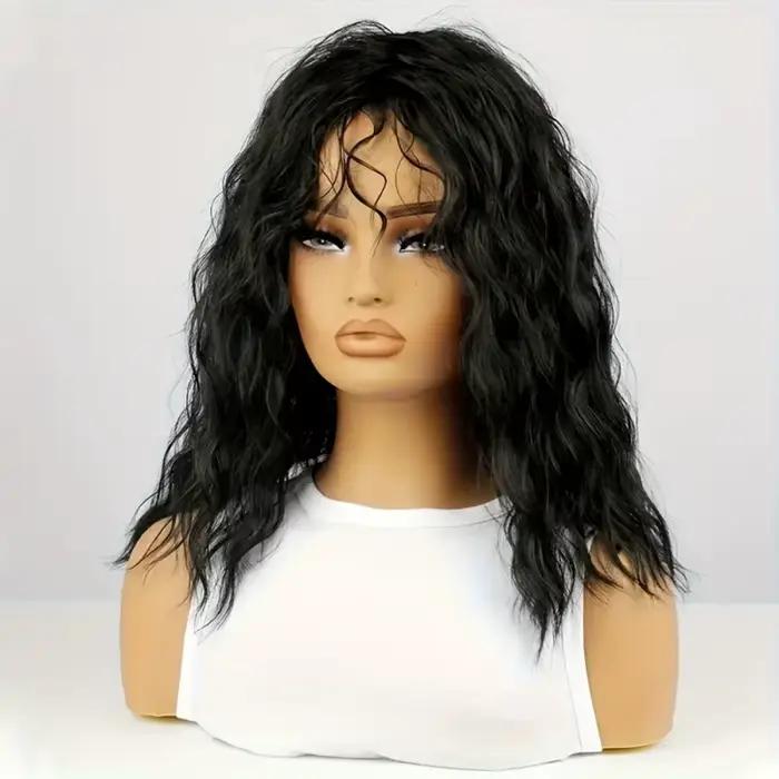 Perruques bouclées noires avec frange pour femmes, perruque synthétique longue bouclée et ondulée des années 80, perruque à bascule longue et douce