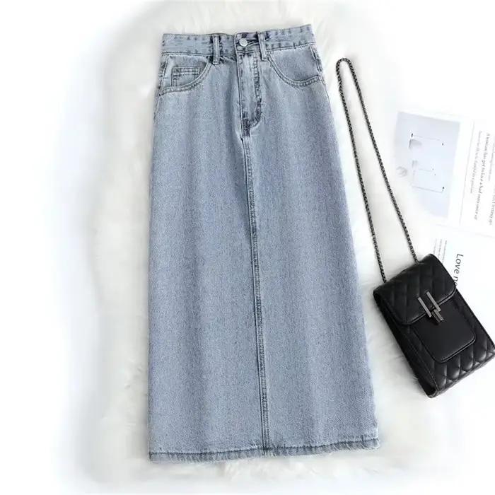 Femmes Denim jupe printemps une ligne été taille haute ample ourlet fendu bleu foncé Chic décontracté Streetwear Jean