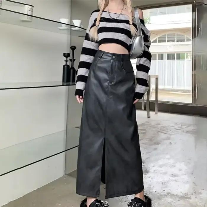Jupe mi-longue en cuir pour femmes