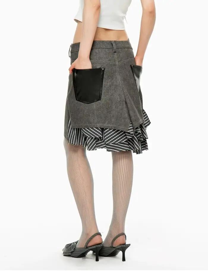 Jupe irrégulière épissée superposée polyvalente, jupe trapèze en jean mi-longue taille haute en détresse pour filles chaudes
