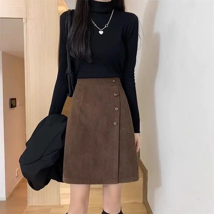Taille haute fermeture éclair velours côtelé Vintage a-ligne jupe automne hiver mince solide tout-match coréen demi-jupe tendance mode femmes vêtements