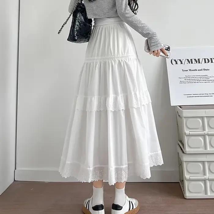 Jupe plissée en dentelle blanche coréenne pour femmes, taille haute, Patchwork de gâteau, jupes longues, Chic, ample, ligne A, été, 2025