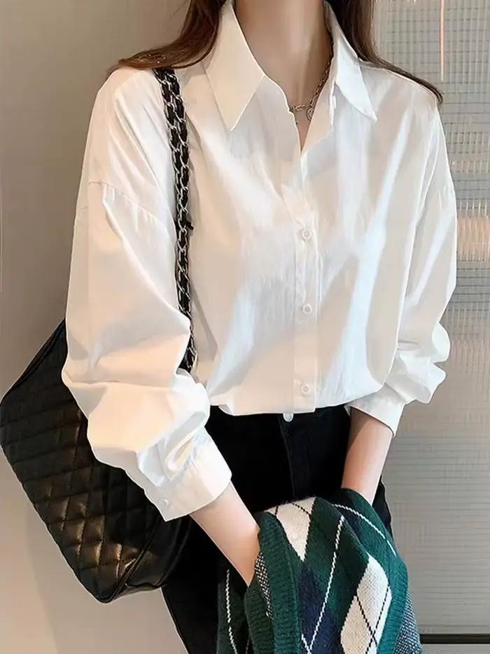 Chemisier blanc à manches longues pour femme, style vintage polyvalent, idéal pour le bureau ou comme sous-vêtement décontracté
