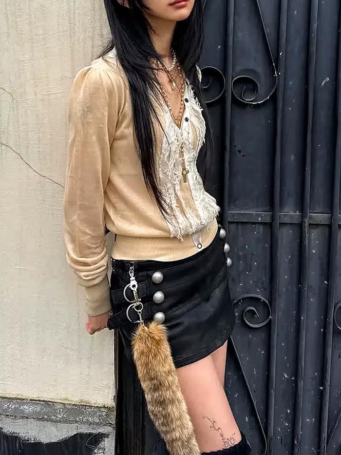 Kliou Double-Breasted Design Mini Jupe Femme D'été Tendance Anneaux En Métal Patchwork Taille Élastique Skinny Wrap Hanche Sauvage Style Bas