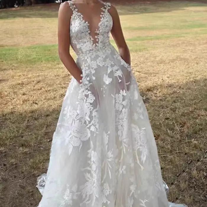 Robes pour femmes 2026 – Robes de mariée européennes en dentelle bouffante, sexy, blanches, à col halter, longues, pour demoiselles d'honneur – Vêtements féminins, vestidos