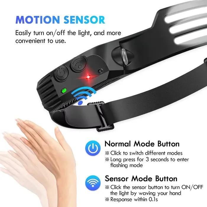 Lampe frontale de sauna à induction LED COB, batterie intégrée, lampe de poche aste USB, capteur de pêche, camping en plein air