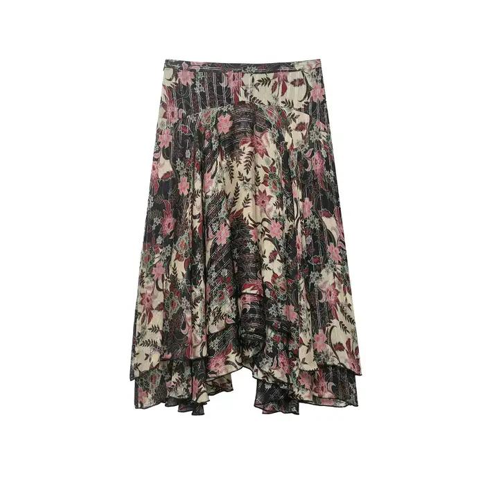 Nouvelle jupe mi-longue asymétrique à imprimé floral sexy pour femme