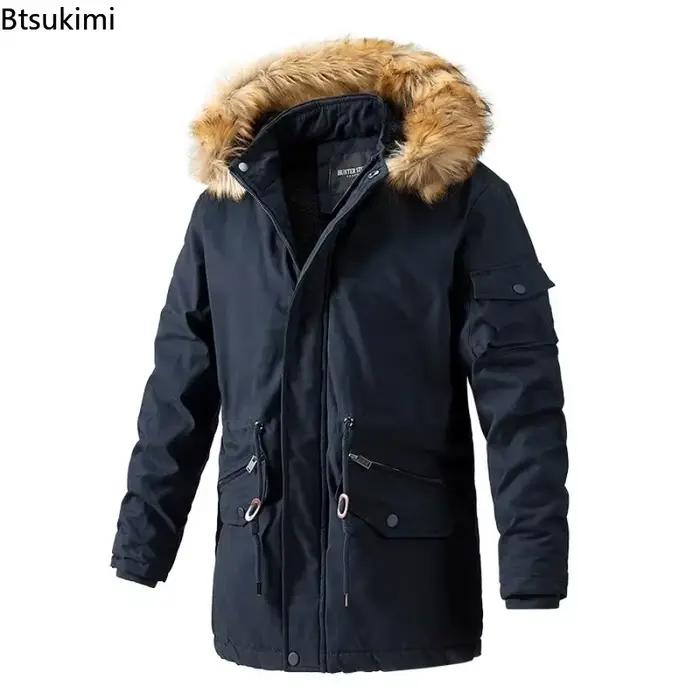Vestes longues chaudes d'hiver 2026 pour hommes, manteaux en polaire chauds, vestes à capuche avec col en fourrure, vêtements coupe-vent pour hommes, parkas d'hiver pour hommes
