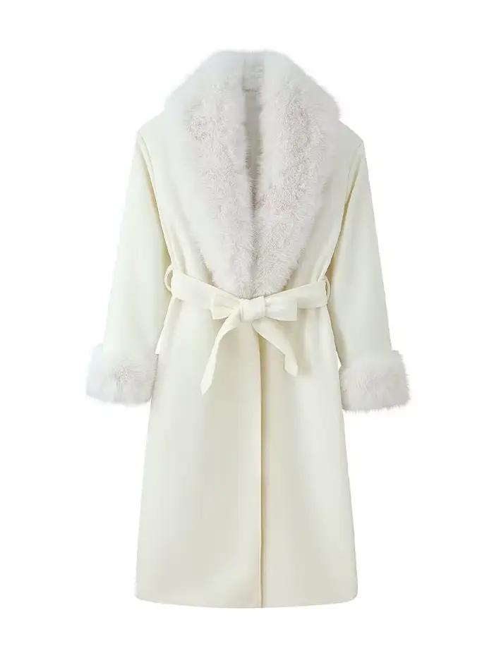 HH femme mode polyvalent fausse fourrure effet revers manches longues ceinture décoration Long manteau femme hiver décontracté déplacements pardessus