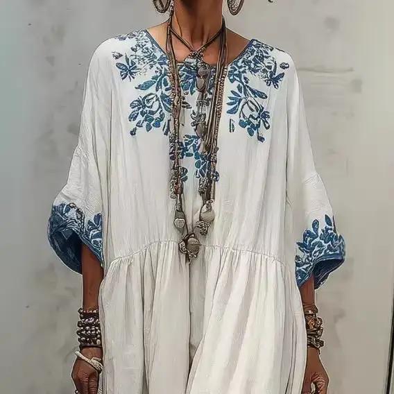 Robe longue ample à imprimé floral ethnique rétro, élégante pour l'été, col rond, taille haute, pour les fêtes, décontractée, à manches mi-longues, style bohème