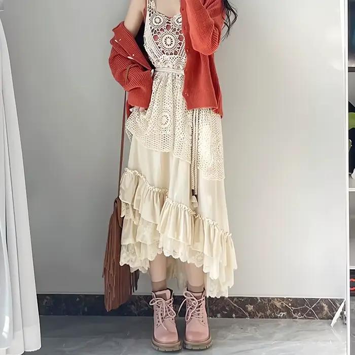 Jupes longues en dentelle à volants irréguliers vintage élégantes pour femmes automne hiver ligne a epaisse Y2K Mori filles