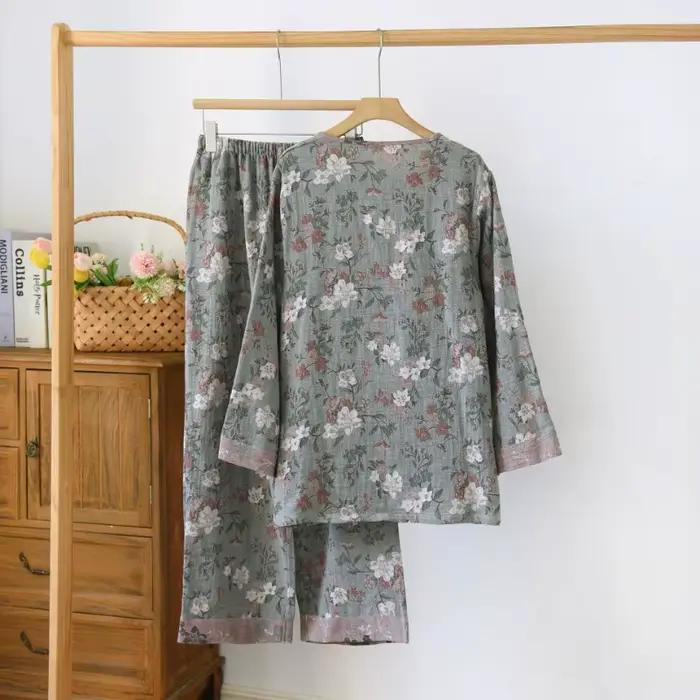 FjHome-Pyjama à manches longues pour hommes et femmes d'âge moyen, pyjama double couche, gaze teint en fil, jacquard fin double face