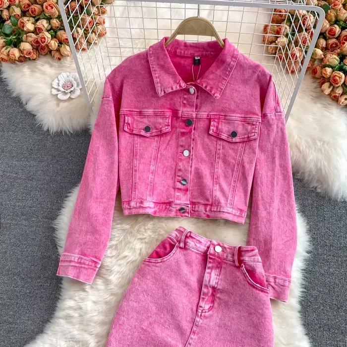 Denim 2 pièces ensembles veste jupe femmes costume jupes longues tenues d'extérieur simple boutonnage poches lavé manteau Ensemble 2025