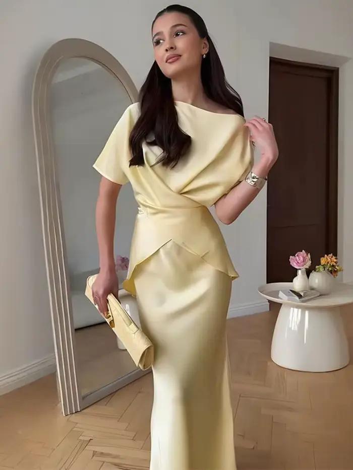 Mode jaune Satin hauts jupe 2 pièces ensemble femmes à lacets haut taille haute sirène