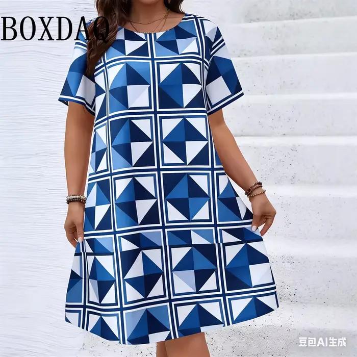 Robes à motifs géométriques et floraux de style ethnique pour femmes, collection été 2026, mode grande taille, robe imprimée à manches courtes, décontractée, rétro, ample