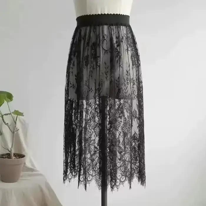 2 longueur élégante jupe noire dentelle blanche transparente longue