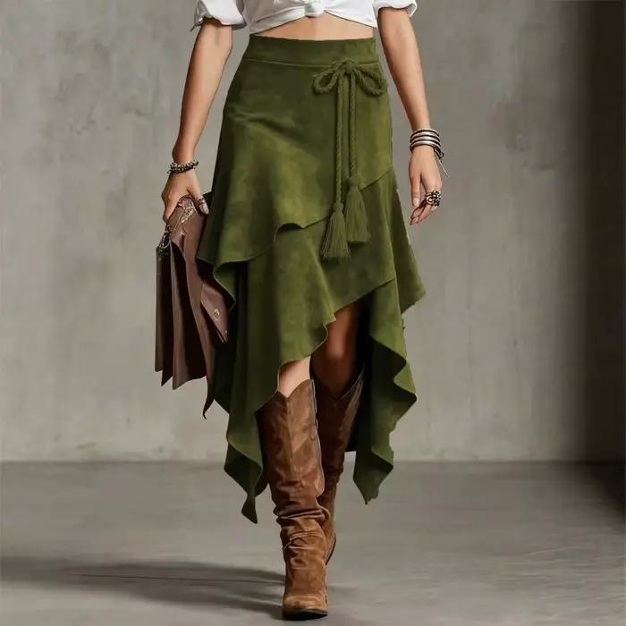 Jupe longue asymétrique vintage en daim pour femme