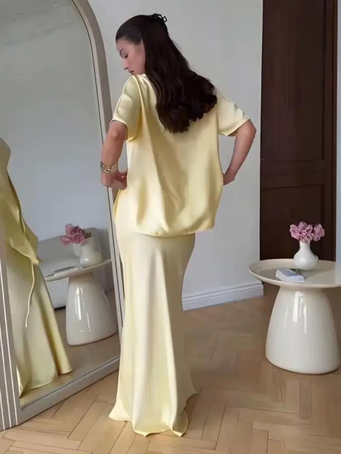 Mode jaune Satin hauts jupe 2 pièces ensemble femmes à lacets haut taille haute sirène