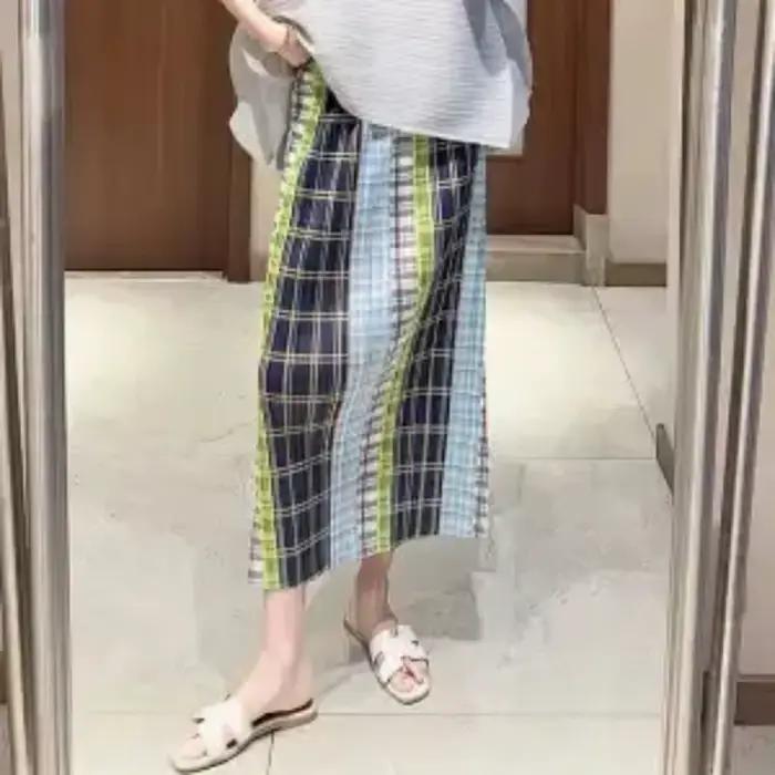Jupe midi plissée à carreaux colorés pour femme, taille haute, fente latérale, jupe décontractée