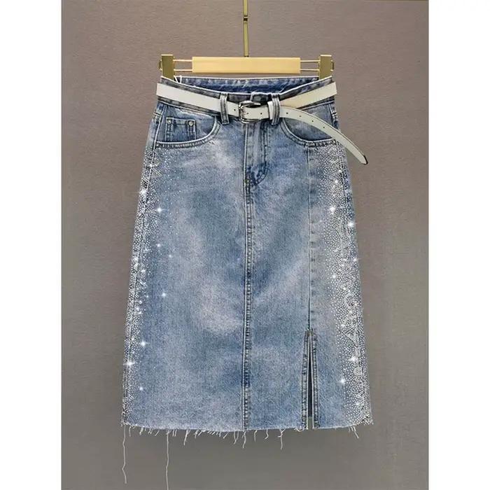 Jupe en jean mi-longue taille haute amincissante pour femme