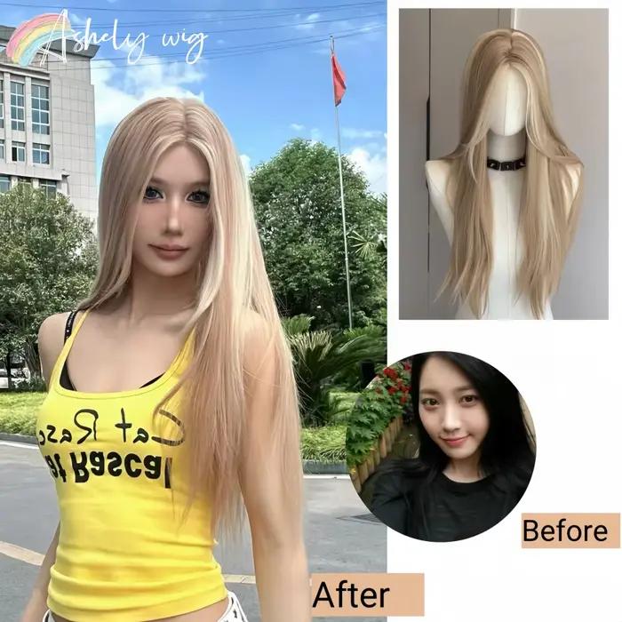 Perruque Blonde pour femmes longue ligne droite Blonde marron perruque asiatique américaine dentelle avant perruque synthétique pour usage quotidien Cosplay Ombre Peluca