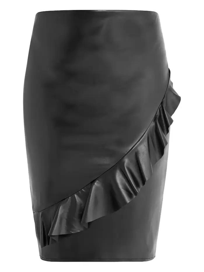 Femmes grande taille élégante Faxu jupe en cuir conception à volants Sexy automne hiver