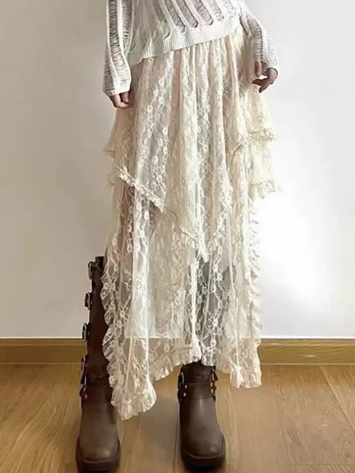 Jupe asymétrique en dentelle Fairycore pour femmes