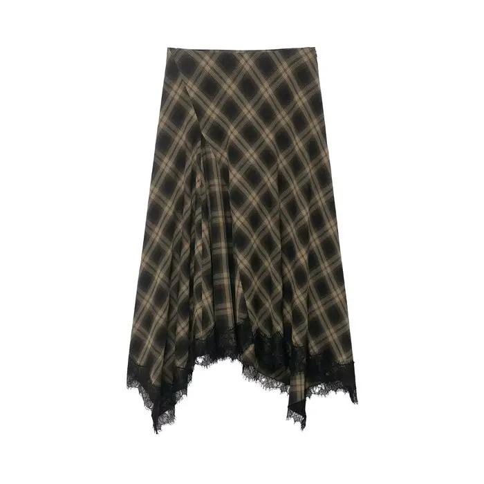 Femmes Vintage jupe à carreaux mode dentelle épissure élégante jupes mi-longues décontracté rue