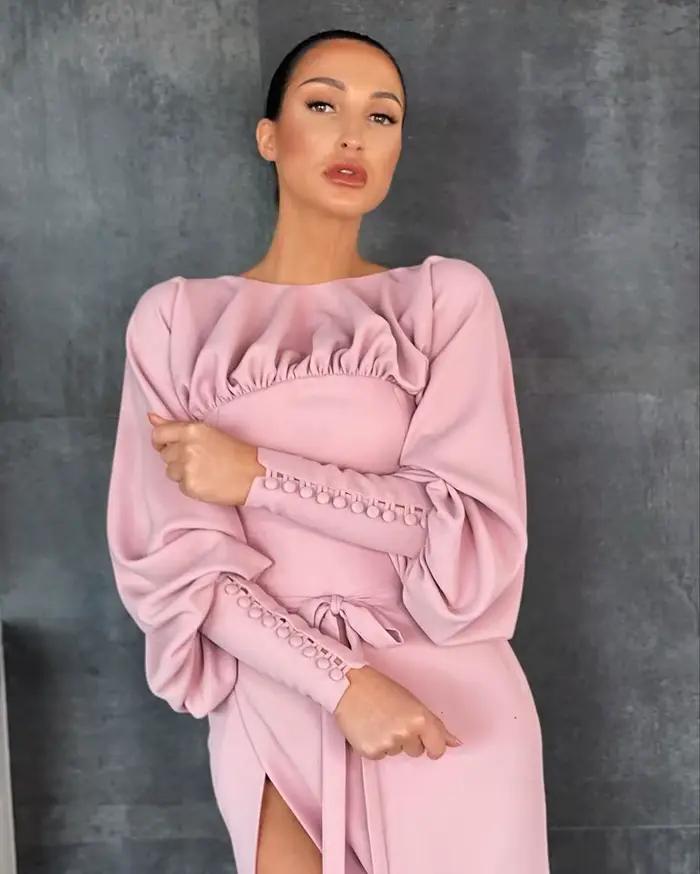 Robes longues roses à manches longues, fente latérale, pour séance photo ou fête, robes de soirée à col bateau de haute qualité, robe d'invitées de mariage