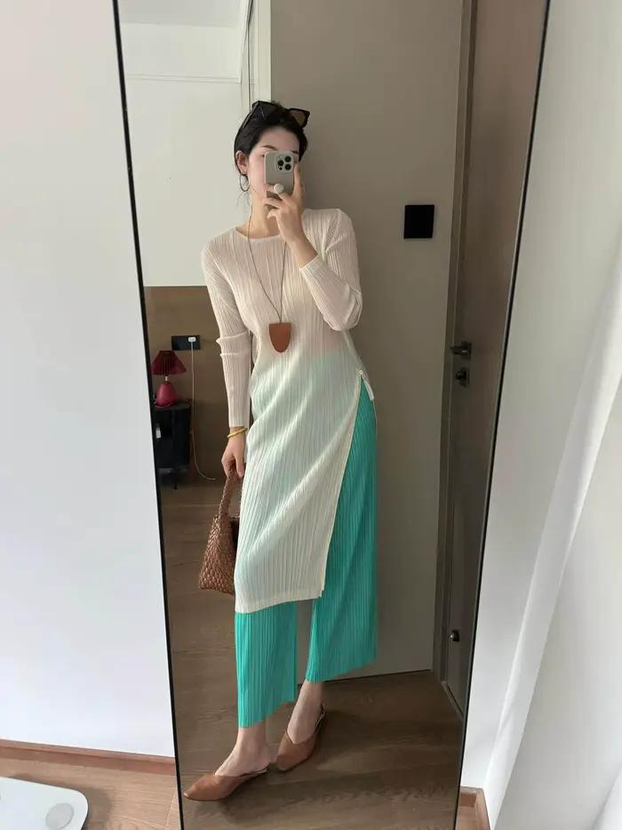 Tricot plissé dégradé pliable, haut Long, fente latérale, Texture fine, tissu doux, élégant, décontracté, usage quotidien, Ensemble Chic tendance 2025