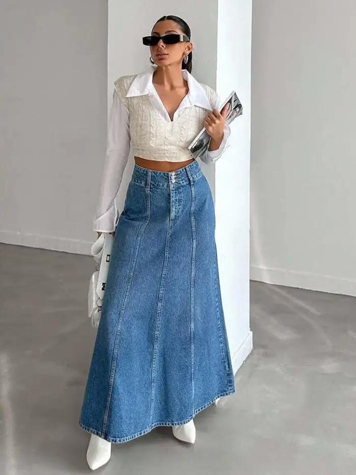 Jupe midi longue en jean pour femme pour les saisons de printemps et d'automne. Convient pour diverses occasions telles