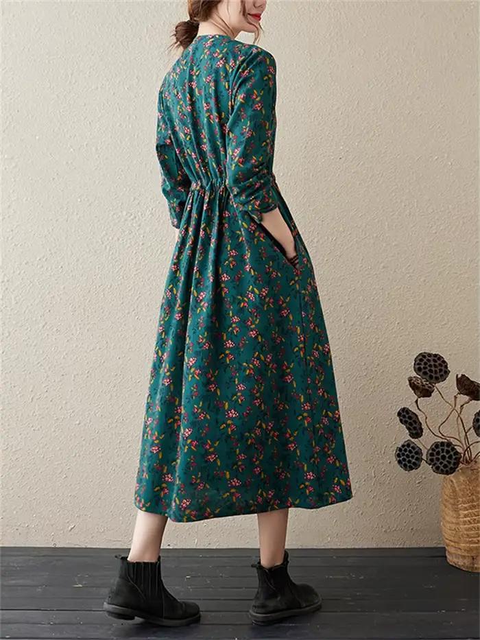 Robes à manches longues en coton et lin à imprimé floral vintage pour femmes
