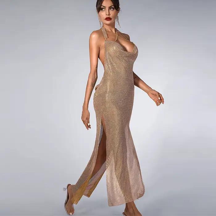 Robe dos nu en biscuits pour femmes, vêtements de boîte de nuit, licou en métal, robes de soirée longues, vêtements de plage, tempérament, automne, 2024