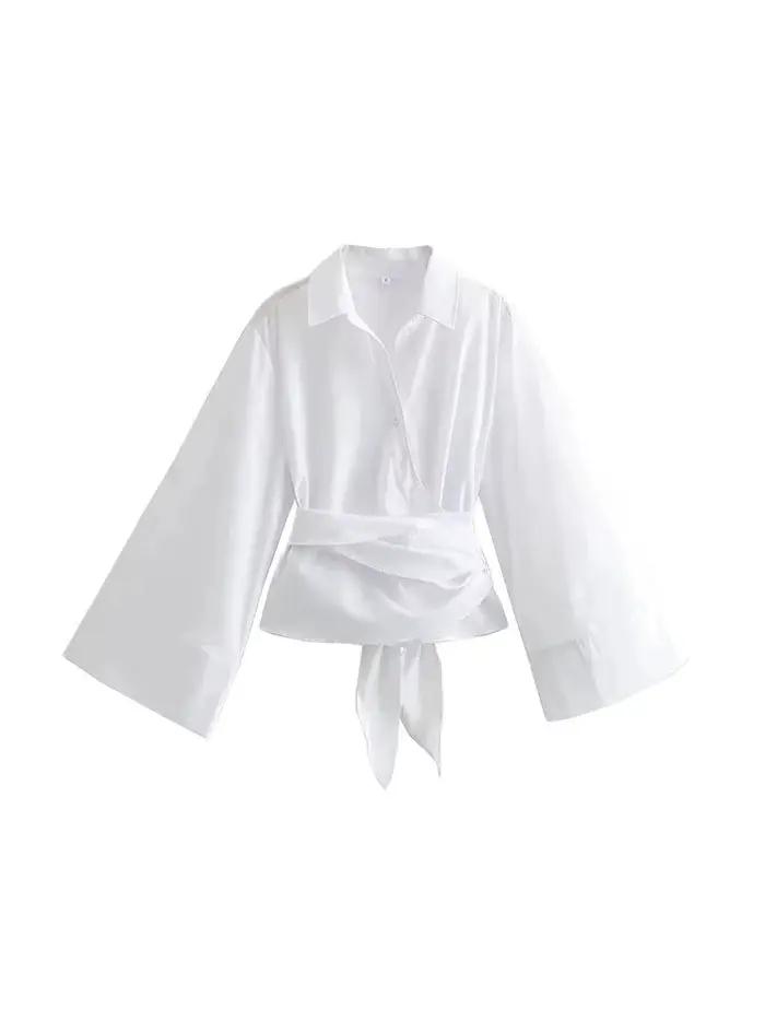 Chemisiers kimono à manches longues pour femmes avec nœud papillon, bouton avant, chemises féminines, hauts chics, à la mode